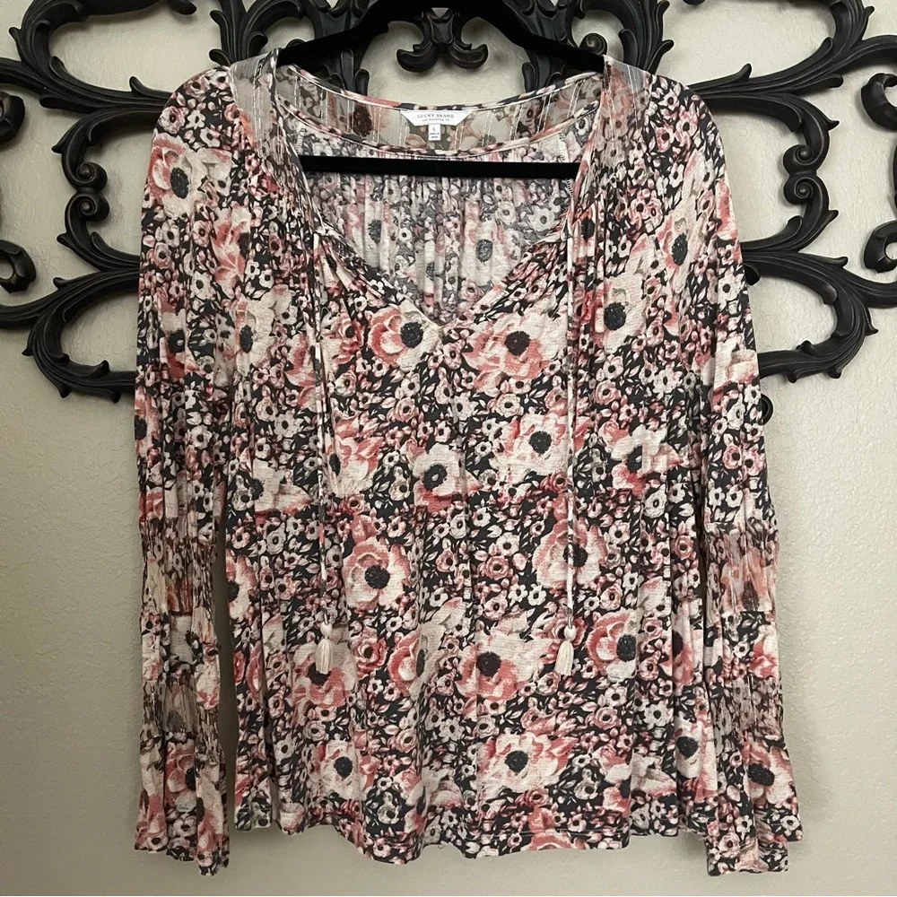 Lucky Brand Womenβs Tie Front Boho Peasant Long Sleeve Blouse Sz L - Picture 1 of 15